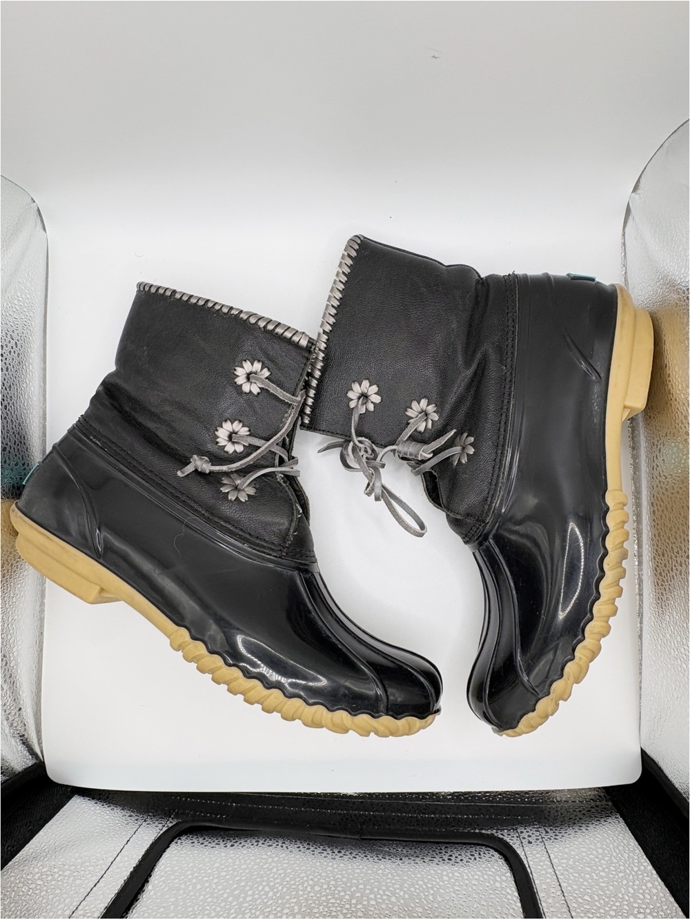 Jack Rogers Chloe Duck Rain Boots with Silver Whipstitching Details